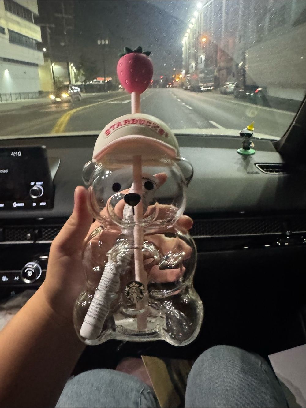 Starbucks Clear Bear Sipper with Pink Straw and Strawberry Topper